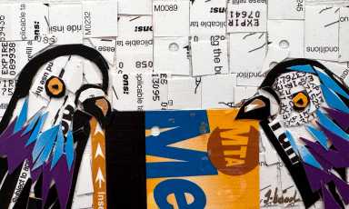 artwork using MetroCards showing two pigeons