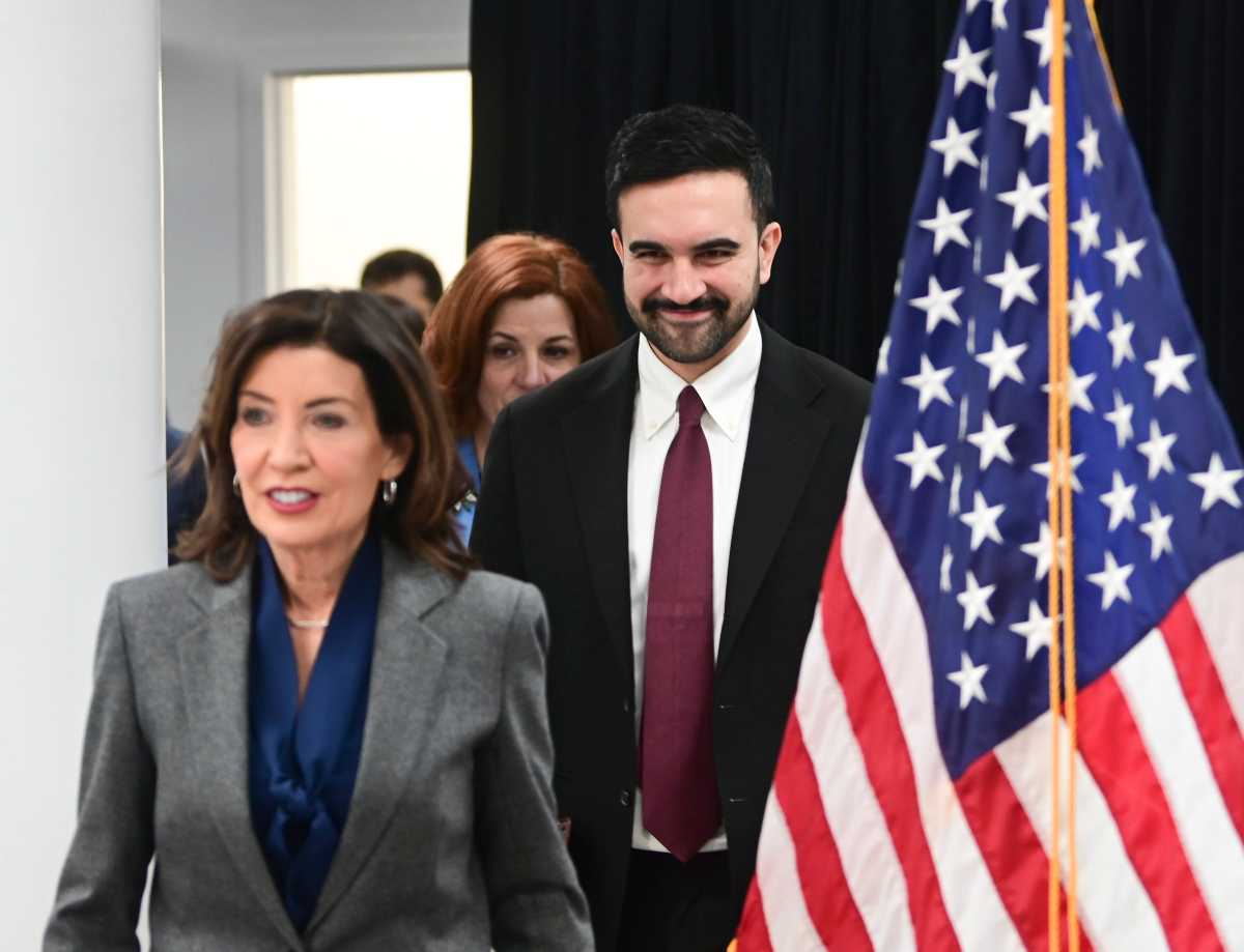 Gov Hochul and Mayor Mamdani arrive to speak at Women In Need (WIN) in Manhattan on Thursday to highlight their proposal for universal child care for children under five.